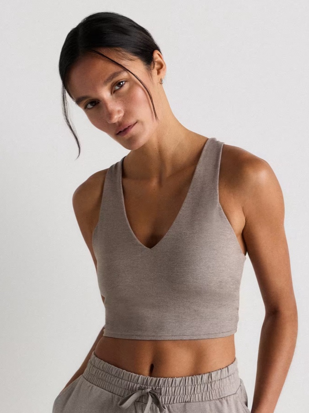 Quince Ultra Soft V-neck Cropped Tank Heather Oatmeal L